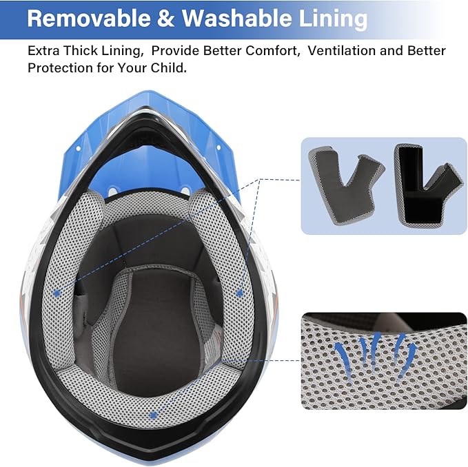 TCT-MOTORPARTS DOT Youth Kids Motocross ATV Helmets Offroad Street Dirt Bike Go-Kart BMX MX Full Face Helmet Blue w/Shark Mouth X-Large Size