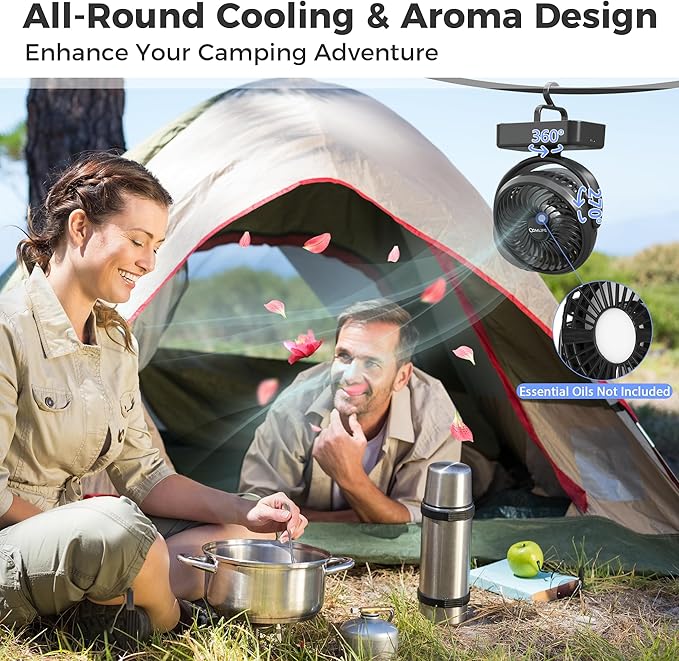 Camping Fan with LED Lantern - Rechargeable Battery Operated Fan, 35H Run Time Max, 3 Speeds, Portable Desk Fan With Hook for Tent Car RV Outdoor Emergency Outage Hurricane