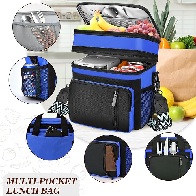 LOKASS Lunch Box for Women/Men-16L-Insulated Lunch Bag, Expandable Double-layer Leakproof Cooler Bag with Upgrade Adjustable Shoulder Strap Ideal for Work/Travel/Picnics（Sapphire Blue）