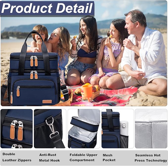 Weitars Insulated Lunch Box for Women Men-Dual Compartment Waterproof Reusable Large Lunch Bag Wide-Open Tote Cooler Bag for Working Picnic Hiking (15L) (Blue)