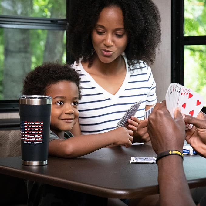 Camco Life is Better at The Campsite Tumbler | Heavy Duty Double Wall Vacuum Insulation | Crafted of 18/8 Stainless Steel | Unique RV U.S Flag Design on Charcoal Background | 20-oz (53065)