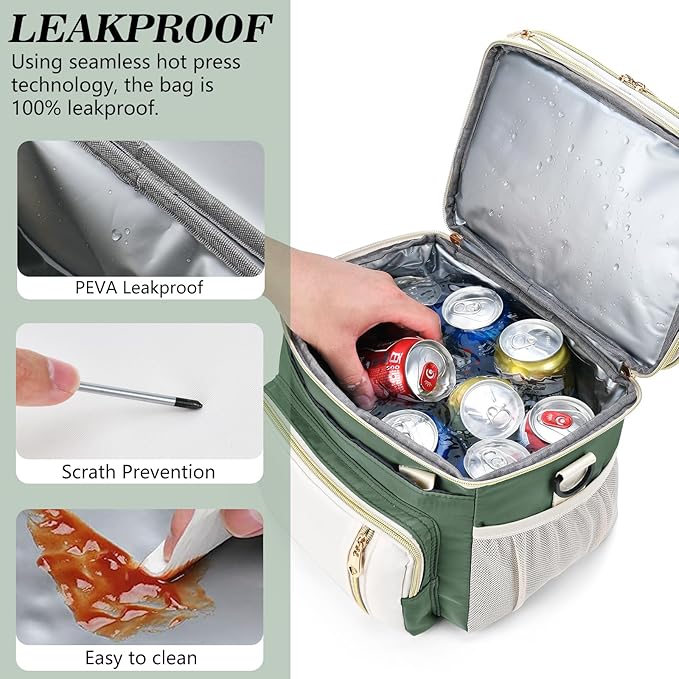 Lunch Box & Lunch Bag for Women Men, Large Insulated Adult Lunch Box Leakproof Lunchbox Cooler Bag for Work Picnic Beach,16L, Army Green & White