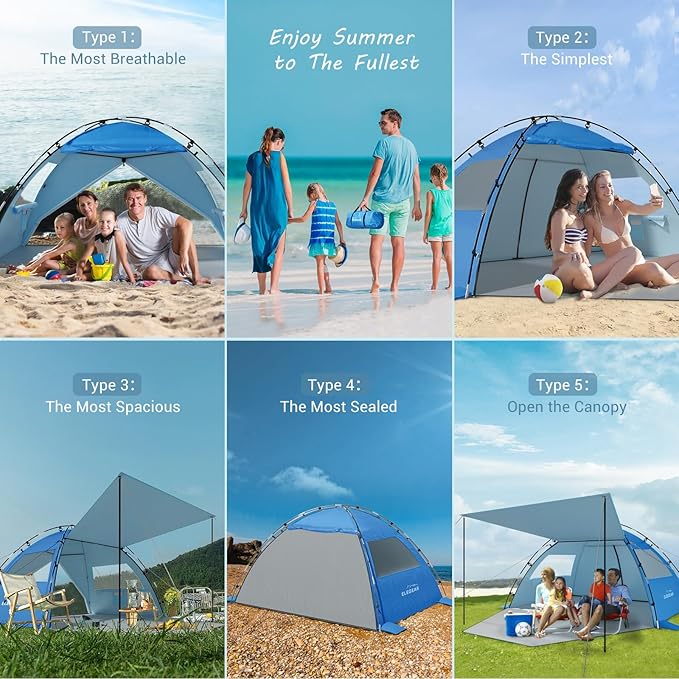 Elegear Beach Tent Sun Shelter with Canopy, 4-5 Person Pop Up Beach Tent Cabana, Easy Setup UPF 50+ UV Protection Portable Lightweight Double Silver Coating Sun Shade Shelter - Dark Blue