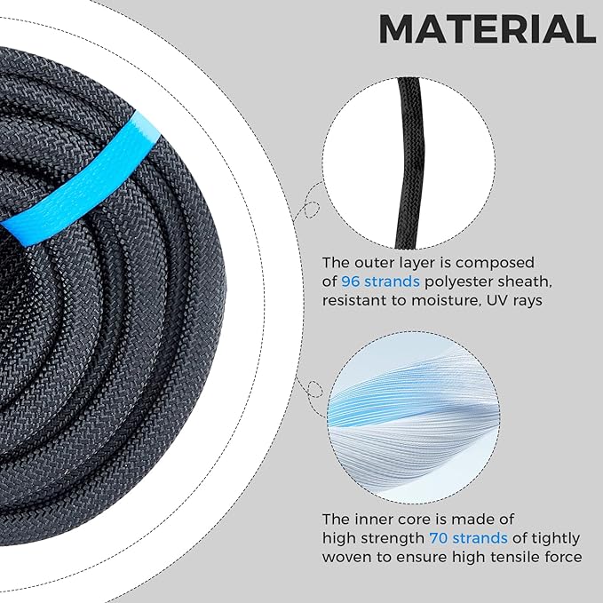 1/2 Inch 200ft Double Braided Polyester Arborist Rope, Heavy Duty Nylon Rope for Anchor, Tree Work, Cargo, Pulling, Sailing(Black)