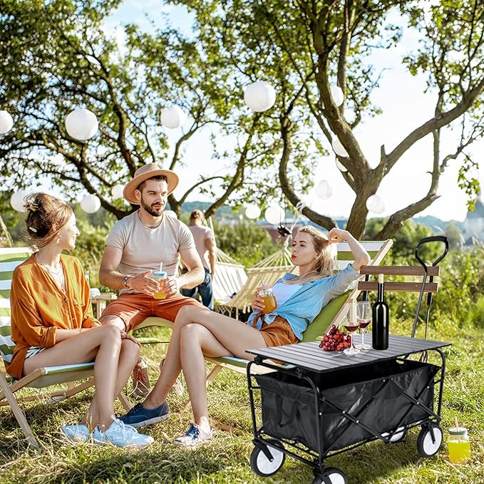 Heavy Duty Portable Folding Wagon and Collapsible Aluminum Alloy Table Combo Utility Outdoor Camping Cart with Universal Anti-slip Wheels & Adjustable Handle along with Metal Board Desktop, Black