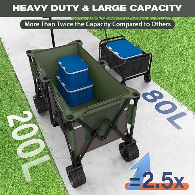 Wagons Carts 440 lbs Foldable Beach Cart with Big Wheel for Sand, Heavy Duty 200L Capacity Collapsible Wagon for Camping, Sports, Shopping, Army Green + Brown