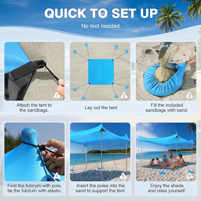 Rhino Valley Beach Tent Sun Shelter, 10x10FT Beach Canopy Tent Sun Shade UPF50+ Protection with 8 Sandbags 4 Stability Poles, Outdoor Beach Shade Canopy 6-8 People for Beach Camping Fishing