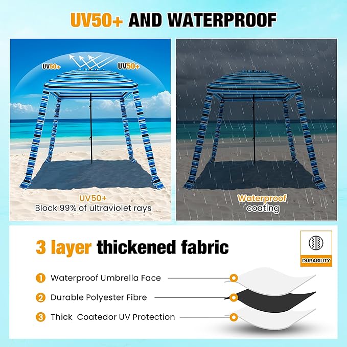 HOMEDEMO Beach Cabana UPF 50+, 6'×6' Beach Canopy, Easy Set up and Take Down, Cool Cabana Beach Tent with Sand Pockets, Side Wall Beach Shade Canopy Wind Waterproof for Kids, Family & Friends