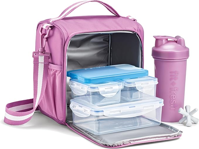 Fit & Fresh BREE FitPak Meal Prep Lunch Box With Containers, Ice Pack, and Shaker Bottle For Men and Women, 6pc. Meal Prep Kit Lunch Bag With Containers Included, Mauve