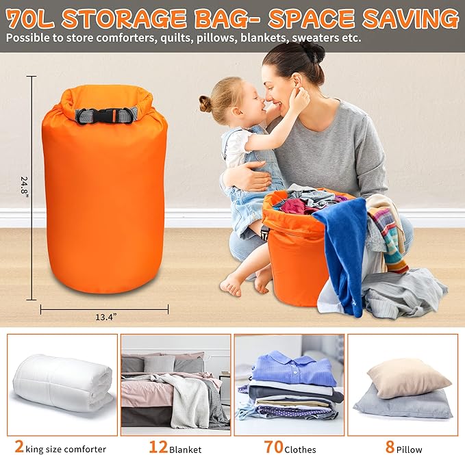 R2Depot Waterproof Dry Bag, 5L/10L/20L/40L/70L Dry Storage Bag for Kayaking, Gym, Hiking, Swimming (Orange, 70L)