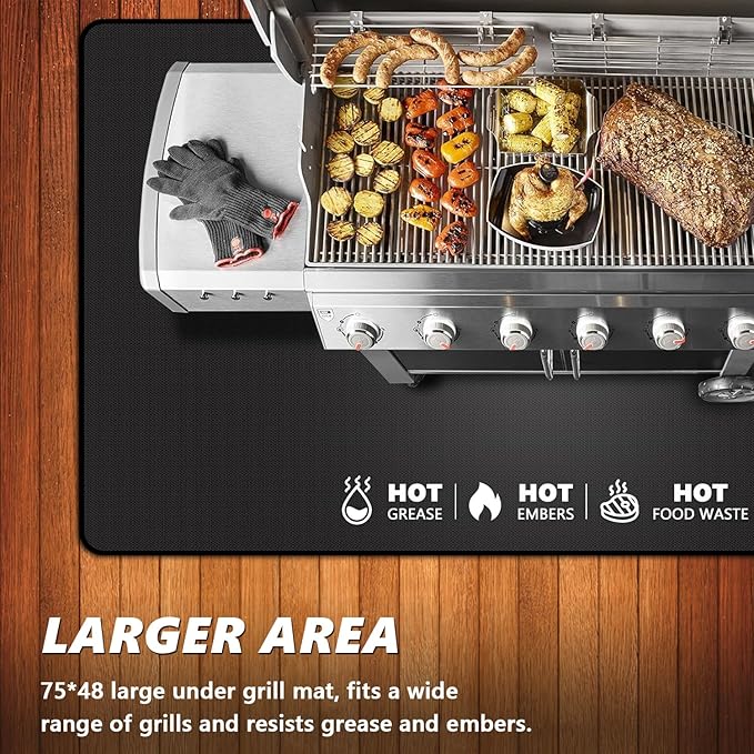 75 x 48 inch Under Grill Mats for Outdoor Grill, Oil and Waterproof, Double-Sided Fireproof Fire Pit Fireplace Outdoor BBQ Mat for Protecting Deck and Lawn