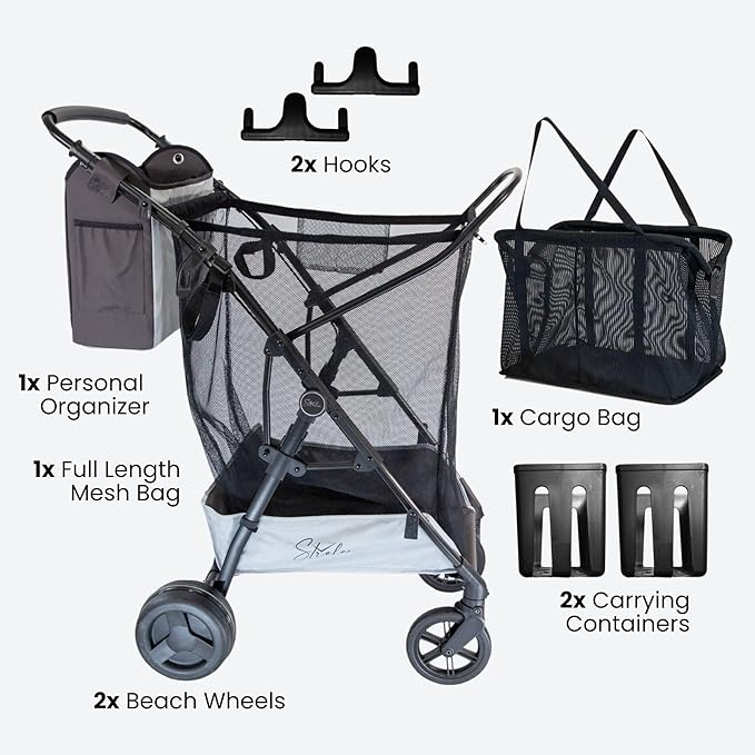 Large Wheeled Collapsible Beach Cart for Soft Sand, Shopping, Camping & Garden- Lightweight Aluminum Frame- Removable Storage Bag with Carrying Straps, X-L Capacity & Cooler Rack Dark Grey