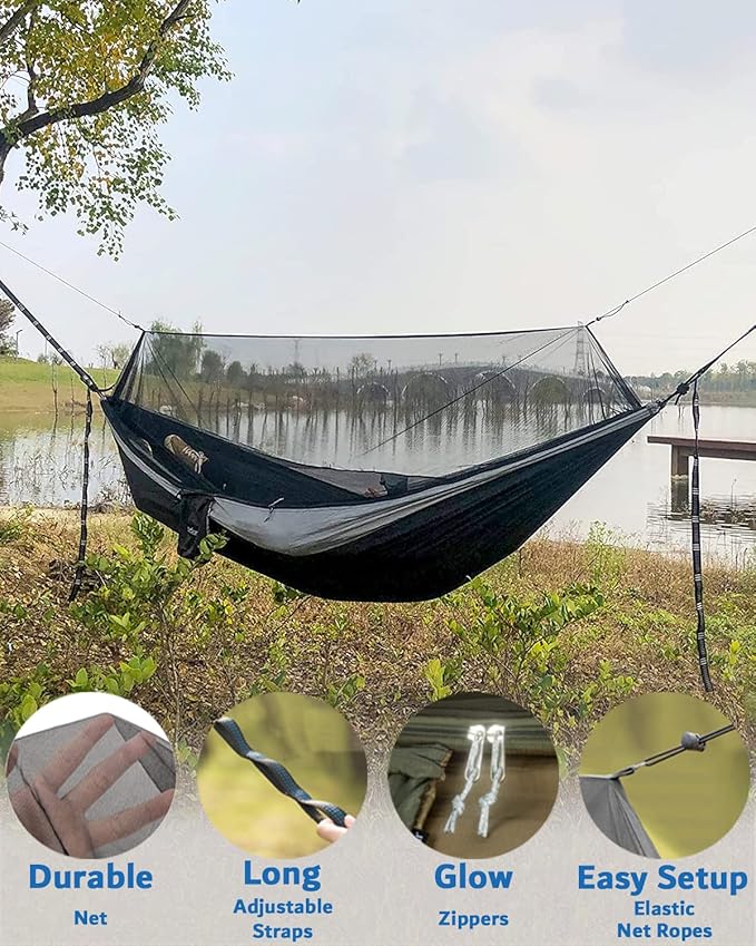Sunyear Hammock Camping with Rain Fly Tarp and Net, Portable Camping Hammock Double Tree Hammock Outdoor Indoor Backpacking Travel & Survival, 2 Tree Straps,100% Waterproof