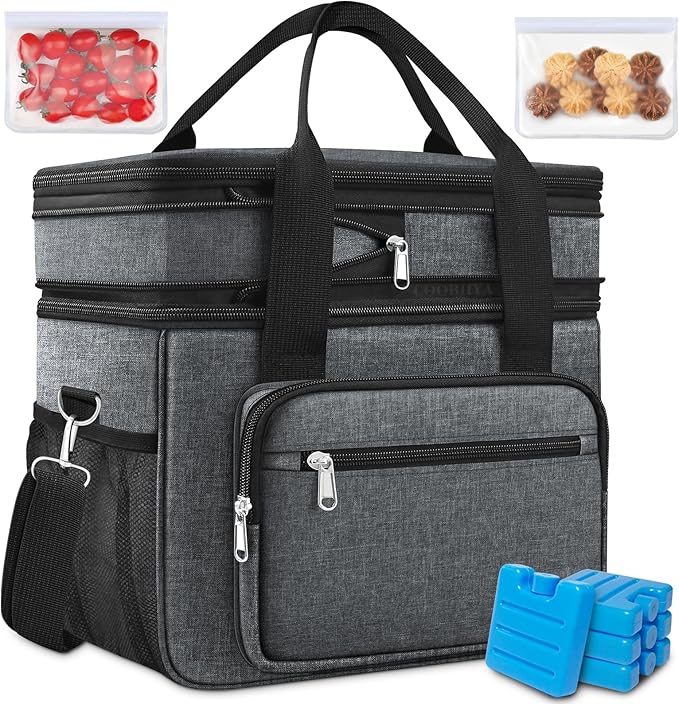 23L Extra Large Expandable Insulated Cooler Lunch Box for Men Double Deck Leakproof Heavy Duty Lunch Bag with 4 Ice Packs&2 Snack Bags for Adult/Construction/Women/Work/Picnic/Camping - Dark Gray