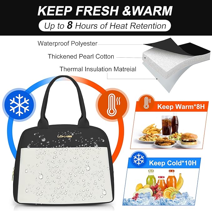 LOKASS Lunch Bag for Women-Insulated Adults Lunch Box with Front Pocket- Small Cute Lunch Tote for Work-Reusable Cooler Bag for Office Picnic Beach or Travel（Black）