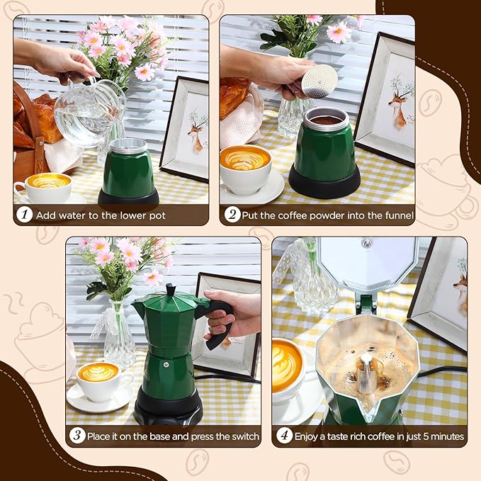 Coffee Pot 6 Cup Electric Espresso Coffee Maker Italian Moka Maker 300ml Portable Aluminum Espresso Machine Cafetera Moka Pot with Detachable Base, Gift for Home Travel(Dark Green)