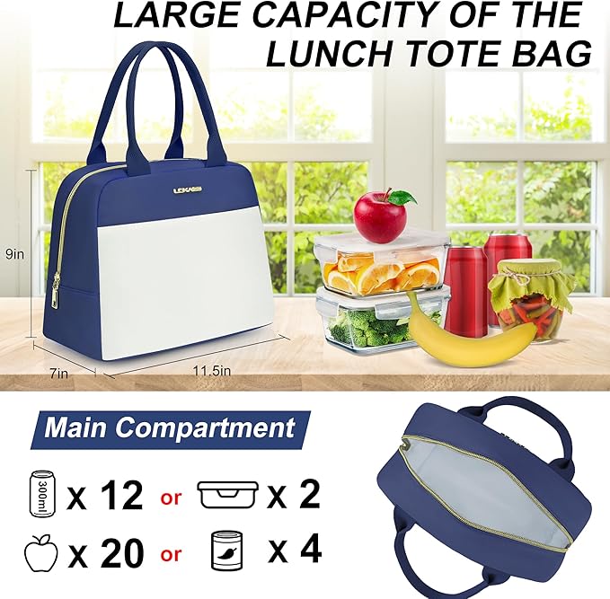 LOKASS Lunch Bag for Women-Insulated Adults Lunch Box with Front Pocket- Small Cute Lunch Tote for Work-Reusable Cooler Bag for Office Picnic Beach or Travel（Dark Blue）