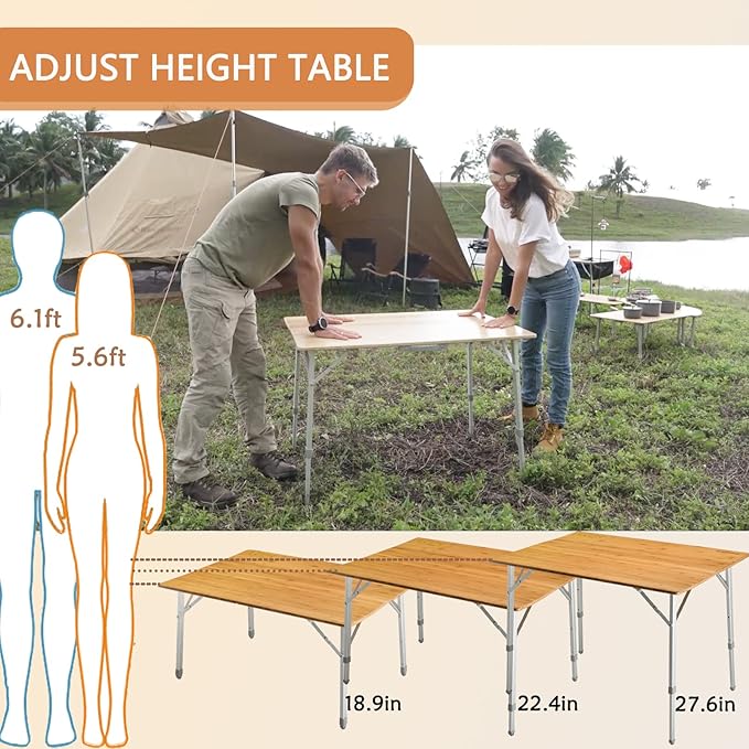 KingCamp Lightweight Stable Folding Camping Table Bamboo Outdoor Folding Tables Adjustable Height Portable Picnic