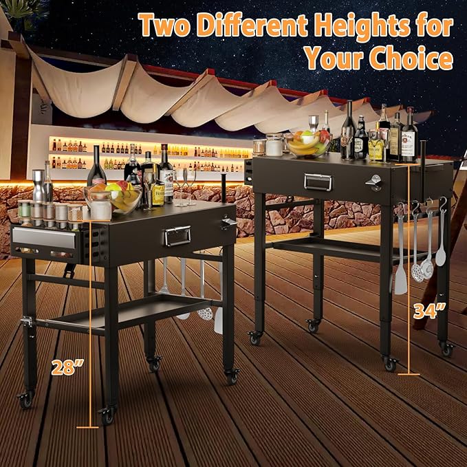 28" and 34" Upgrade Height & Quick-Fold Portable Grill Cart for Ninja Woodfire (OG700 Series), Blackstone 17"/22" Griddle, Pizza Oven – Outdoor Ninja Grill Stand with 4 Swivel Wheels