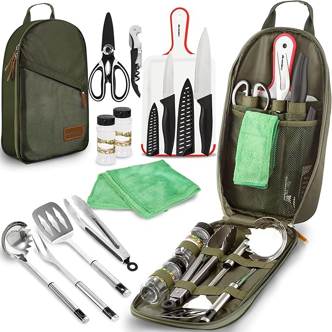 Camp Kitchen Cooking Utensil Set Travel Organizer Grill Accessories Portable Compact Gear for Backpacking BBQ Camping Hiking Travel Cookware Kit Water Resistant Case