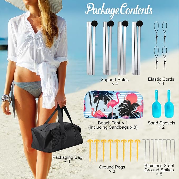 Rhino Valley Beach Tent Sun Shelter, Beach Canopy Tent Sun Shade UPF50+ Protection with 8 Sandbags 4 Stability Poles, Outdoor Beach Shade Canopy for Beach, Camping, Fishing