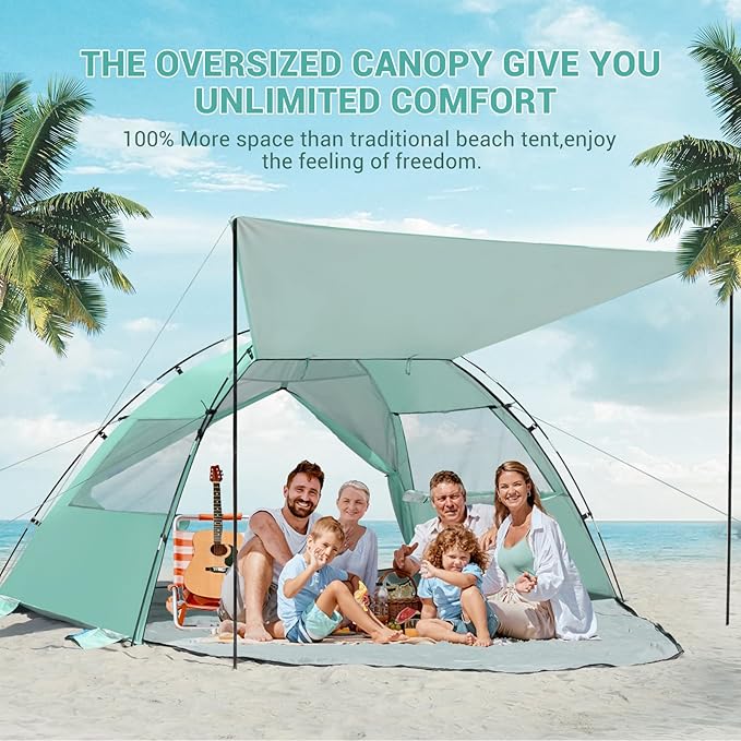 Elegear Beach Tent Sun Shelter with Canopy, 6-8 Person Pop Up Beach Tent, Easy Setup UPF 50+ UV Protection Portable Lightweight Double Silver Coating Beach Cabana Sun Shade Shelter - Green