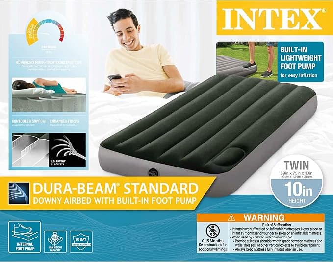 Intex 64761E Dura-Beam Standard Downy Air Mattress: Fiber-Tech – Twin Size – Built-in Foot Pump – 10in Bed Height – 300lb Weight Capacity