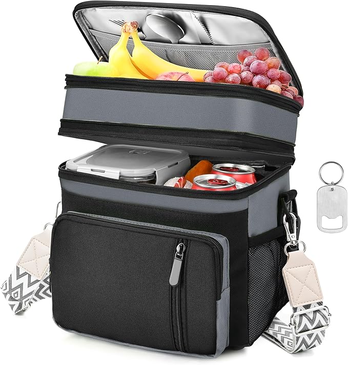LOKASS Lunch Box for Men/Women-16L-Insulated Lunch Bag, Expandable Double-Layer Leakproof Cooler Bag with Upgrade Adjustable Shoulder Strap Ideal for Work/Travel/Picnics（Gray&Black）