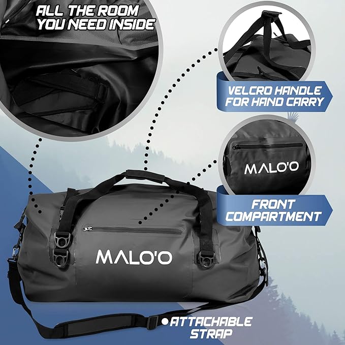 Malo'o Waterproof Dry Bag Duffel 40L/60L/100L, Roll Top Duffel Keeps Gear Dry for Kayaking, Rafting, Boating, Swimming, Camping, Hiking, Beach, Fishing - Internal & External Pockets