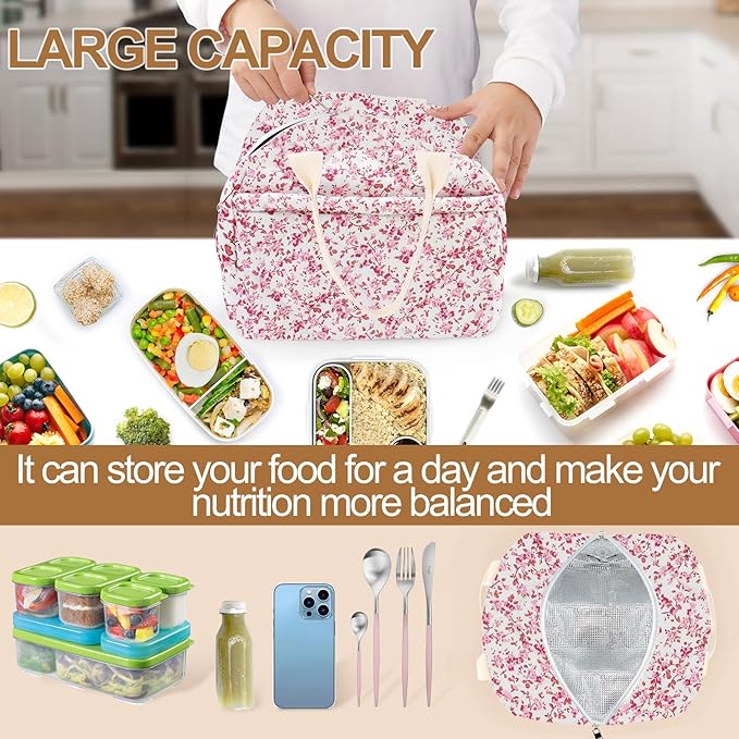 Cotton Quilted Insulated Lunch Bag, Cute Quilted Floral Lunch Tote Bags Reusable Insulated Lunch Box Coquette Aesthetic Large Capacity Insulated Cooler for Women Men Work Travel Picnic (Red)