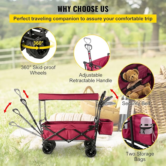 Happbuy Collapsible Wagon with Removable Canopy, 220lbs Heavy Duty Foldable Beach Wagon with Big Wheels