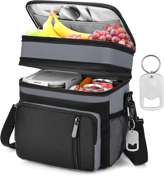 LOKASS Lunch Bag & Lunch Box for Men Women - Double Deck Expandable Insulated Waterproof Leakproof Cooler Bag for Work/Picnic - Grey