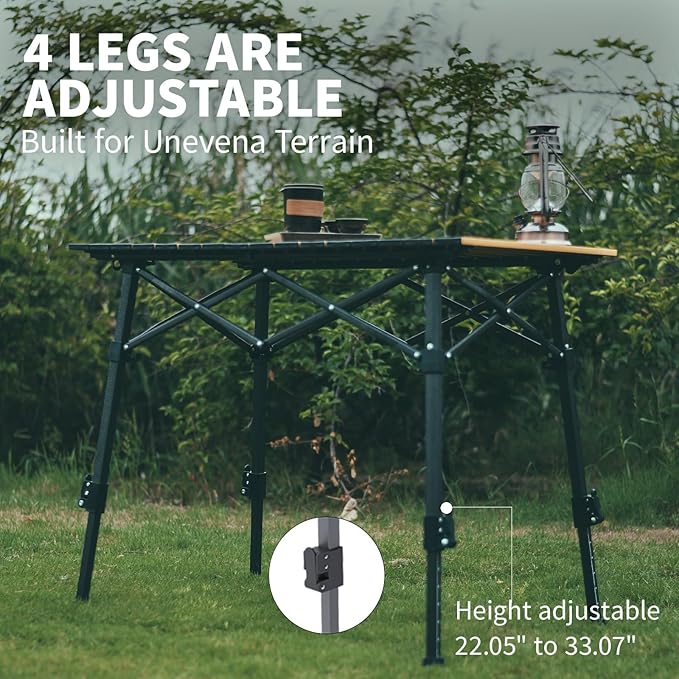 Portable Camping Table with Adjustable Legs, Picnic Table Lightweight Aluminum Roll-up beach tables for sand foldable, Folding Table with Large Storage Basket for Outdoor camping, BBQ and party