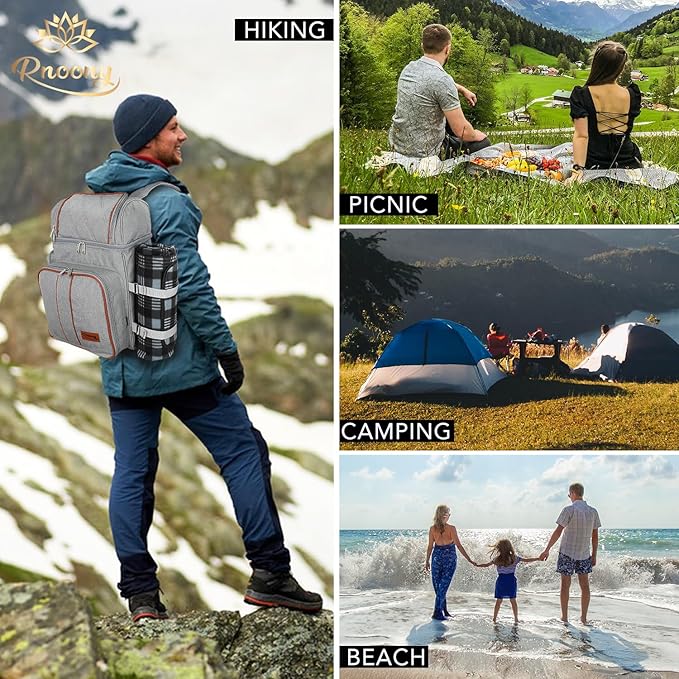 Rnoony Picnic Backpack for Camping, Picnic Basket for with Insulated Cooler Bag and Bottle Pouch,Camping Gifts for Couples with Lightweight Blanket and Cutlery Set for Family, Couple and Hiking