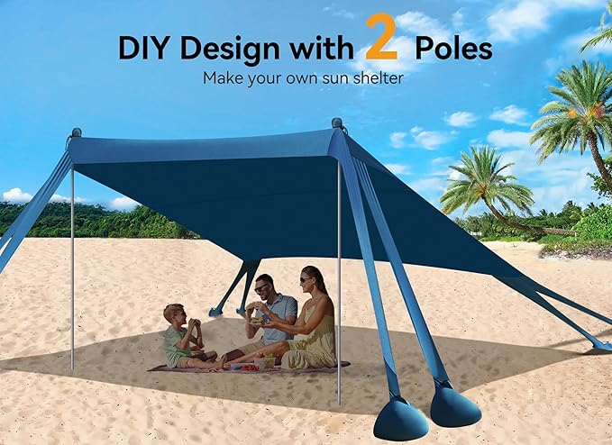 Beach Tent, Beach Canopy Sun Shade with UPF50+ UV Protection, 10x10ft, Includes 8 Sandbags, Sand Shovel, Ground Pegs & 4 Stability Poles, Pop Up Sun Shelter for Camping, Picnics, Backyard Fun