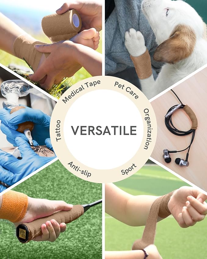 FriCARE Self Adhesive Bandage Wrap, Medical Tape in First Aid Kit, Cohesive Bandages for Wounds Sport Vet, FSA/HSA Eligible, 2 Inches X 5 Yards 6 Rolls, Walnut Brown