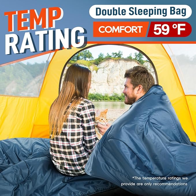 MEREZA Double Sleeping Bag for Adults Mens with Pillow, XL Queen Size Two Person Sleeping Bag for All Season Camping Hiking Backpacking 2 Person Sleeping Bags for Cold Weather & Warm