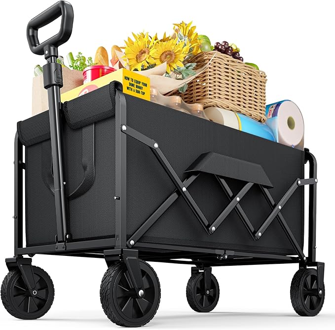 Medium Collapsible Wagon with Wheels, Foldable Carts with 220lbs Load Capacity, Dog Wagon, Utility Shopping Cart for Groceries, Sports, Camping, Garden, Fishing, Black