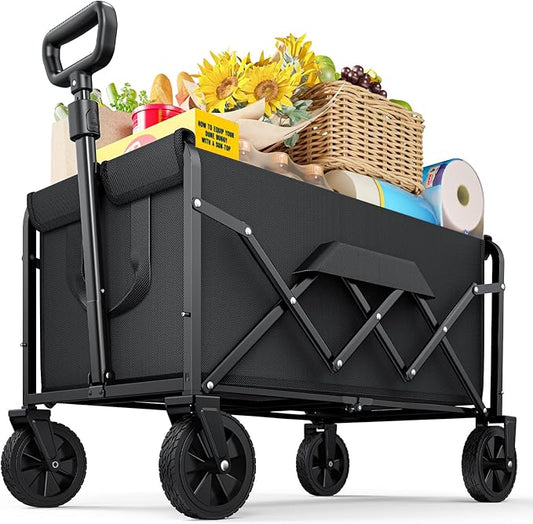 Medium Collapsible Wagon with Wheels, Foldable Carts with 220lbs Load Capacity, Dog Wagon, Utility Shopping Cart for Groceries, Sports, Camping, Garden, Fishing, Black