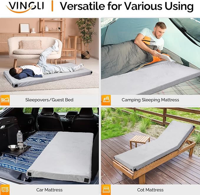 VINGLI 3 "Memory Foam Sleeping Pad Camping Mattress, Portable Floor Mattress Sleeping Mat Bed Roll Up for Guests Adult with Pillow & Phone Pocket