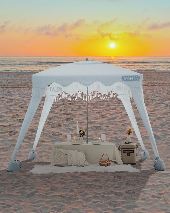 OutdoorMaster Beach Cabana with Fringes, Portable 6' x 6' Beach Canopy for Sand, Easy Set Up Sun Shelter, Included Side Wall, UPF 50+ UV Protection Sun Umbrella - for Family & Friends -Wave Point