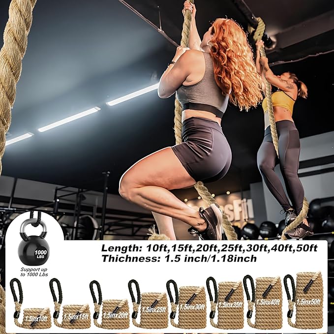 Climbing Rope 1.5 Inch Diameter 10FT 15FT 20FT 25FT 30FT 35FT Gym Climbing Rope for Fitness & Strength Training, Workout Exercises Climbing Rope for Adults Kids Outdoor or Home Indoor