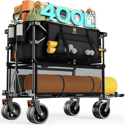 Navatiee 400L Double Decker Wagon Collapsible, 485LB Weight Capacity Heavy Duty Foldable Large Beach Wagon with Big All-Terrain Wheels, Folding Utility Cart for Sports, Camping, Outdoor, Black