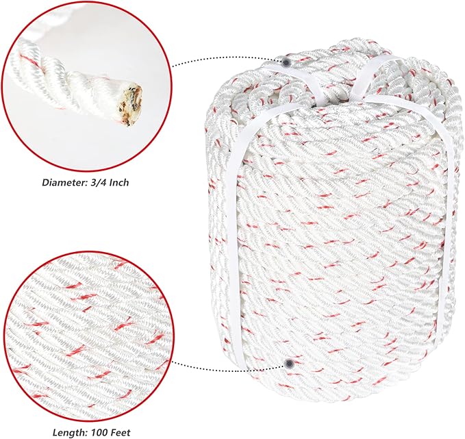 High Strength Braid Rope Pulling Rope Polyester Rope Multipurpose Bull Rigging 3/4 Inch x 100 Feet White Red