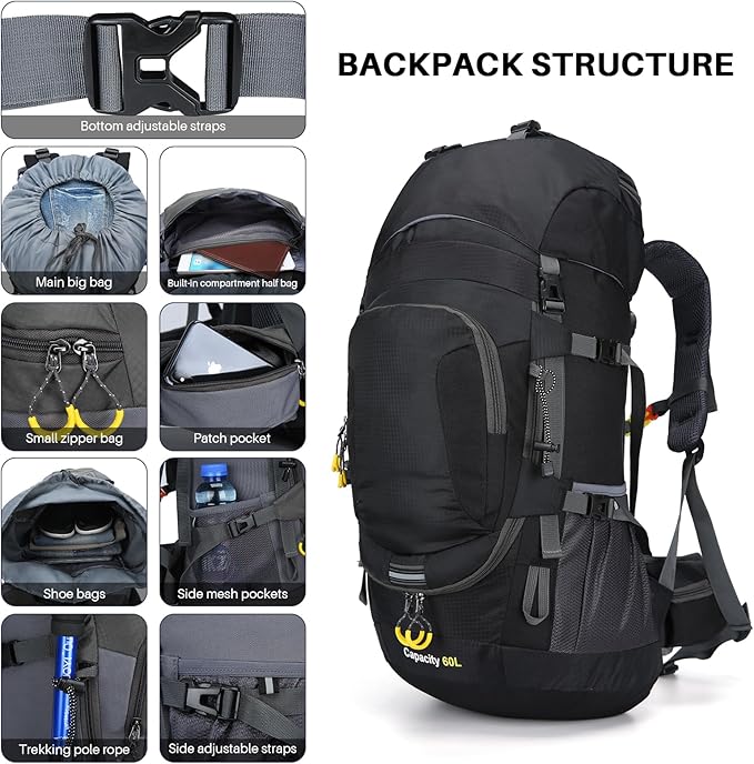 ShowyLive 60L Hiking Backpack for Men/Women - Lightweight Waterproof Travel Backpack with Rain Cover, Multi-Compartments, Adjustable Straps - Large Camping Bag for Outdoor Adventures (Black)