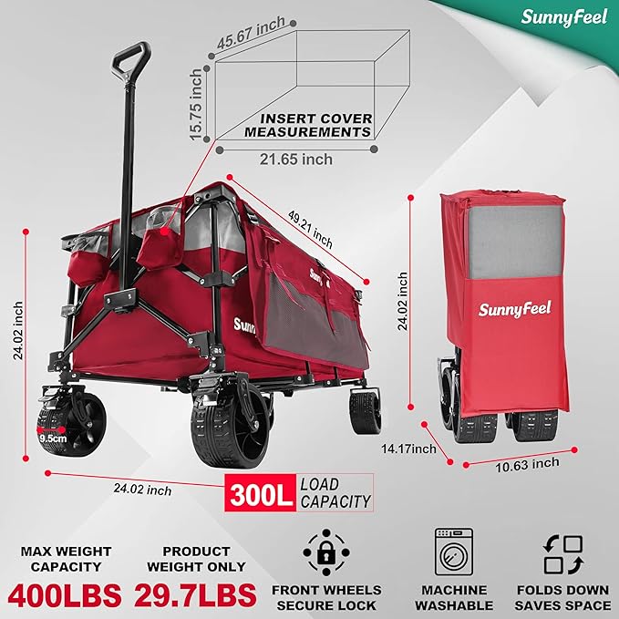 SunnyFeel 49''L 550lbs Heavy Duty Wagon Cart Foldable with Wheels,Extra Long Fold Up Wagons Carts with Side Pocket and Brakes for Camping Sports Garden Shopping (Red)