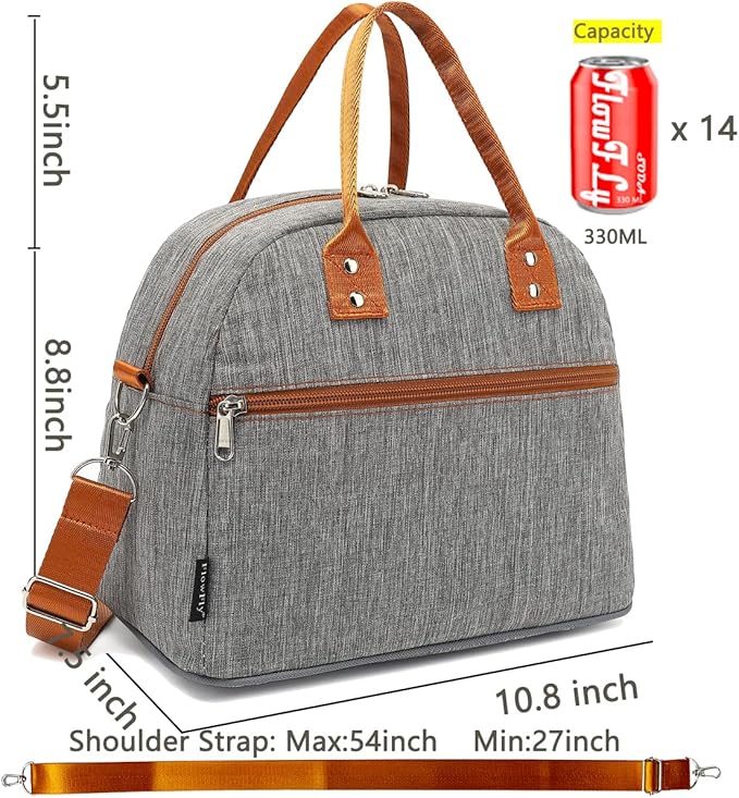FlowFly Insulated Lunch Bag With Shoulder Strap for Women, Men, and Kids, Large and Reusable, Handle, Freezable Work and School Travel Tote and Meal Prep Organizer,Grey
