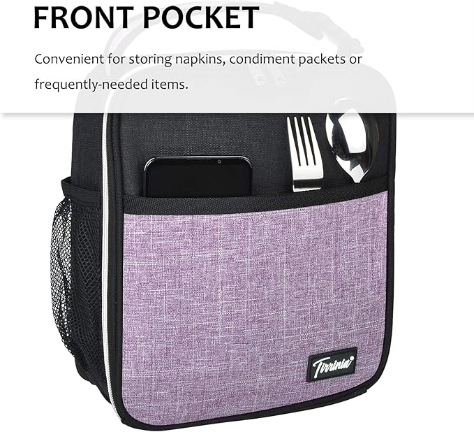 Tirrinia Small Insulated Lunch Bag for Men Women, Splash Proof Mini Portable Reusable Thermal Lunch Box Cooler Tote for Adults & Kids, Black & Purple