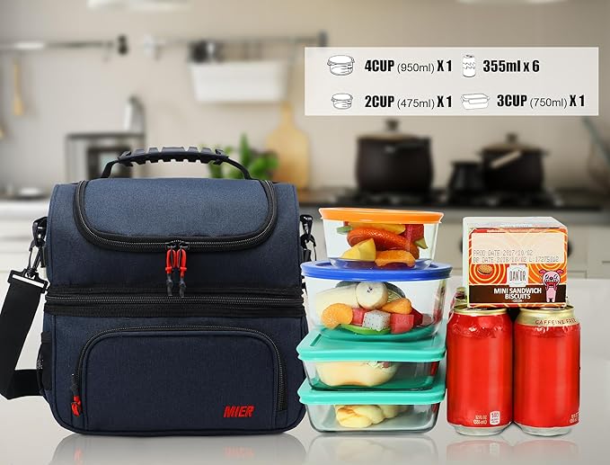 MIER Dual Compartment Lunch Bag Tote with Shoulder Strap for Men and Women Insulated Leakproof Cooler Bag, Dark Blue