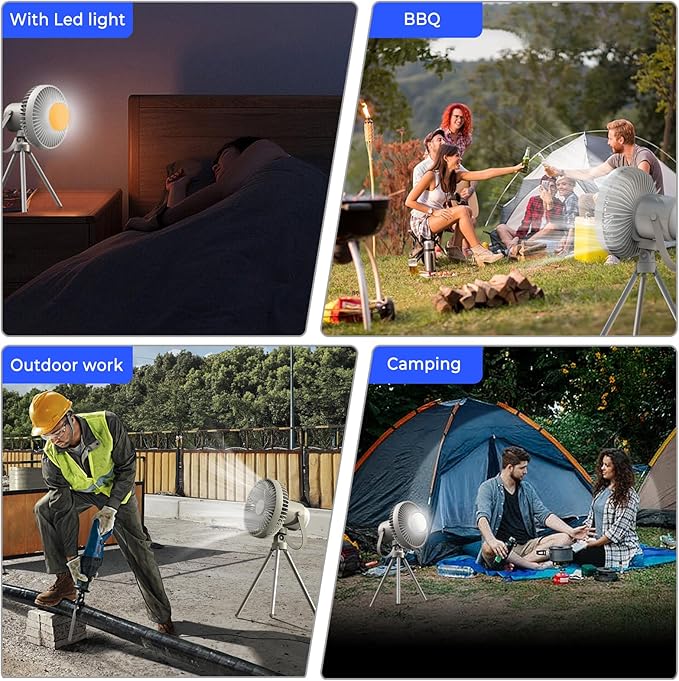 Camping Fan with Removable Lantern, 8000mAh Battery Powered Fan with Hook, Tripod, Outdoor Rechargeable Fan Adjustable 3 Speeds Small Portable Tent Fan for Car Fishing Office Sleep